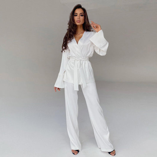 Cardigan Strap Ice Silk Robe Blouse And Pants Pajamas For Women