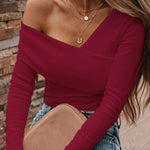 Women Strapless Slim Long-sleeved Solid Color Irregular Collar Blouse