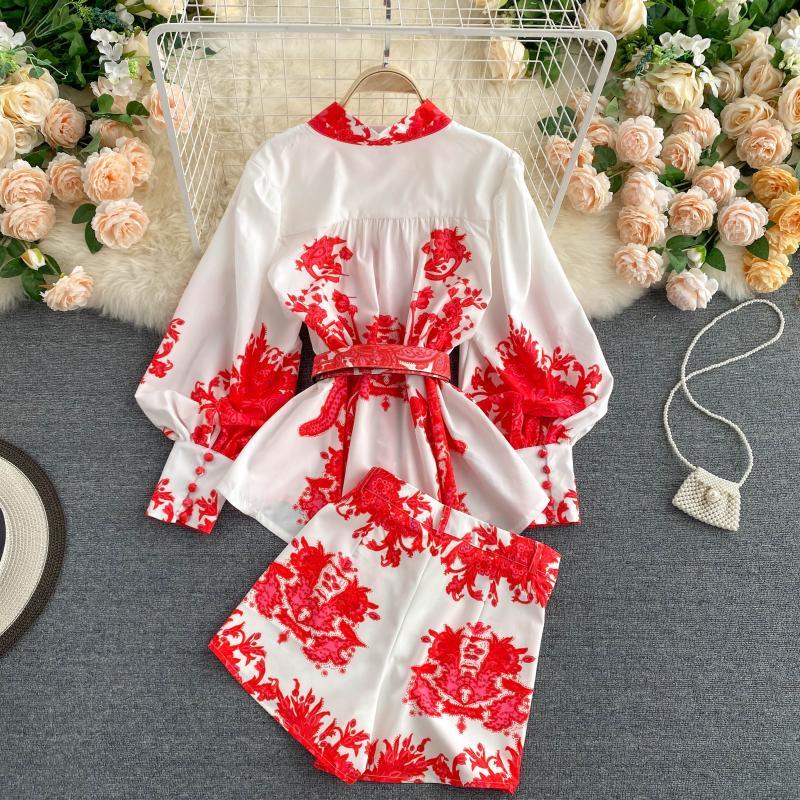 Two Piece Set Women Vintage Printed Pull Sleeve Blouse Tops And Woman Shorts Fashion 2 Piece Set Fall Clothing