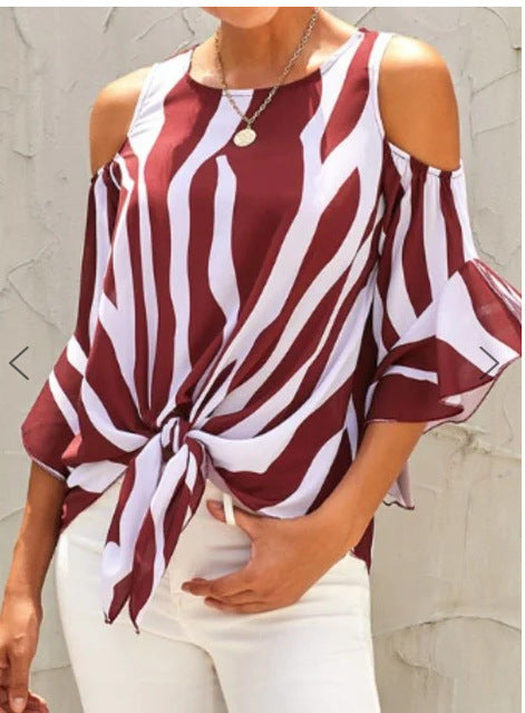 Summer New Striped Off Shoulder Blouse Women Short Sleeve Sexy Shirt Plus Size Casual Round Neck Blusas Mujer De Moda