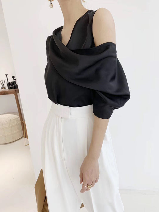 Elegant Off-Shoulder Satin Shirt Women 20 Korean Fashion OL Temperament Blouse
