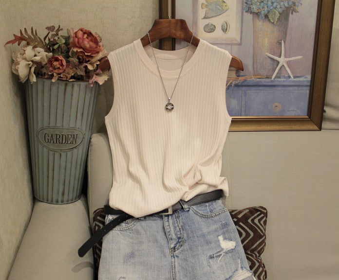 Women'S Wide Shoulder Strap Round Neck All-Match Thin Sleeveless Ice Silk Knitted Vest Women'S Blouse Solid Color