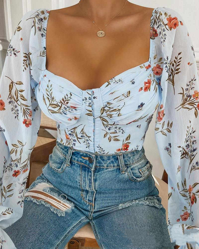 Women's Floral One Shoulder Long Sleeved Ruffle Blouse