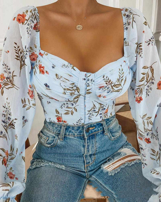Women's Floral One Shoulder Long Sleeved Ruffle Blouse