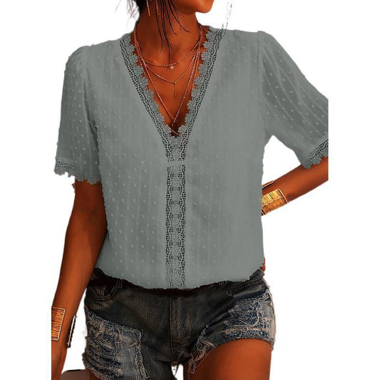 Chiffon Shirt European And American Women Embroidered Lace Short-Sleeved Blouse Women