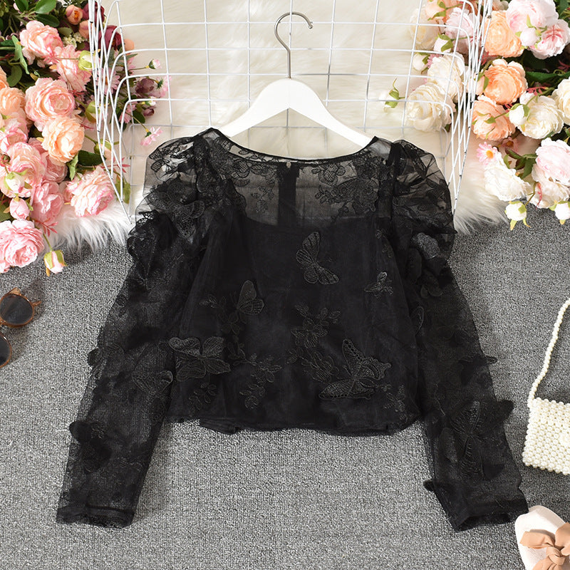Super Fairy Summer Boat Neck Sun Protection Clothing Bottoming Shirt Mesh Long Sleeve Very Fairy Blouse Female Puff Sleeve Shirt