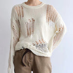 Women's Hollow-out Long-sleeved Knitted Blouse Ripped Sweater