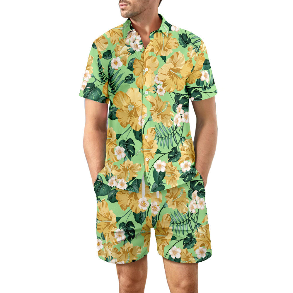 Printed Beach Shirt Summer Suit Loose Lapel Button Top And Drawstring Pockets Shorts Casual Short Sleeve Suits For Men Clothing