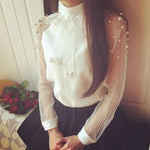 Women's Elegant See-though Sleeves Stereo Pearl Chiffon Blouse