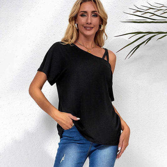 Solid Color Top Off-the-shoulder Knitted T-shirt For Women