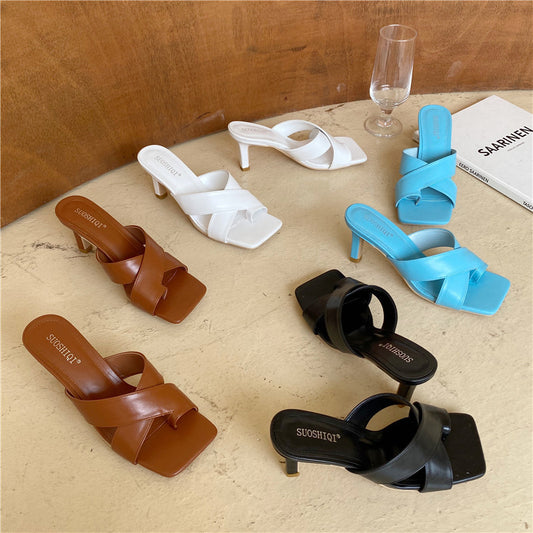 Stiletto toe set cross with beach loafer square head sandals for women