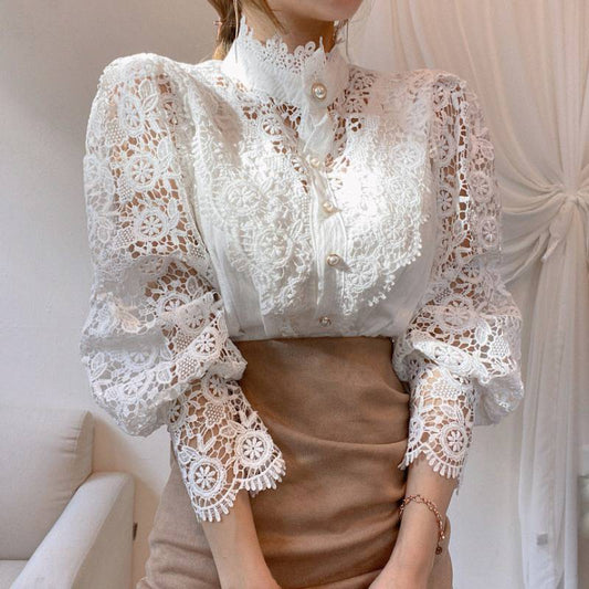 Design Palace Style Blouse Lace Stand-up Collar Long-sleeved Shirt Women