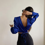 New Lace-up Backless Design Sense Short Section Sexy Navel Long-sleeved Tops Europe And The United States Women Blouses