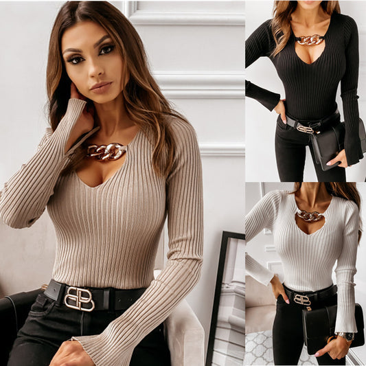 V-neck chain embellished sexy long sleeve blouse