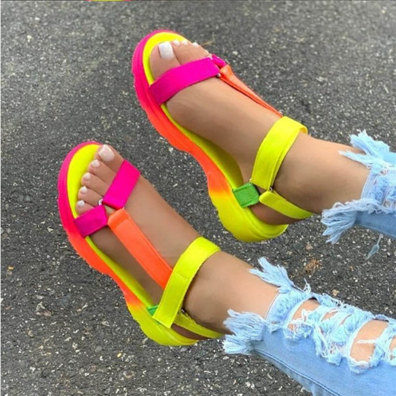 Rainbow color velcro flat sandals for women | Begogi Shop |