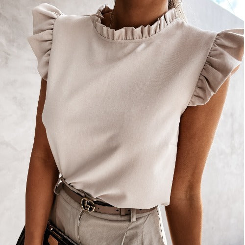 Women's Fashion Simple Solid Color Ruffle Round Neck Blouse