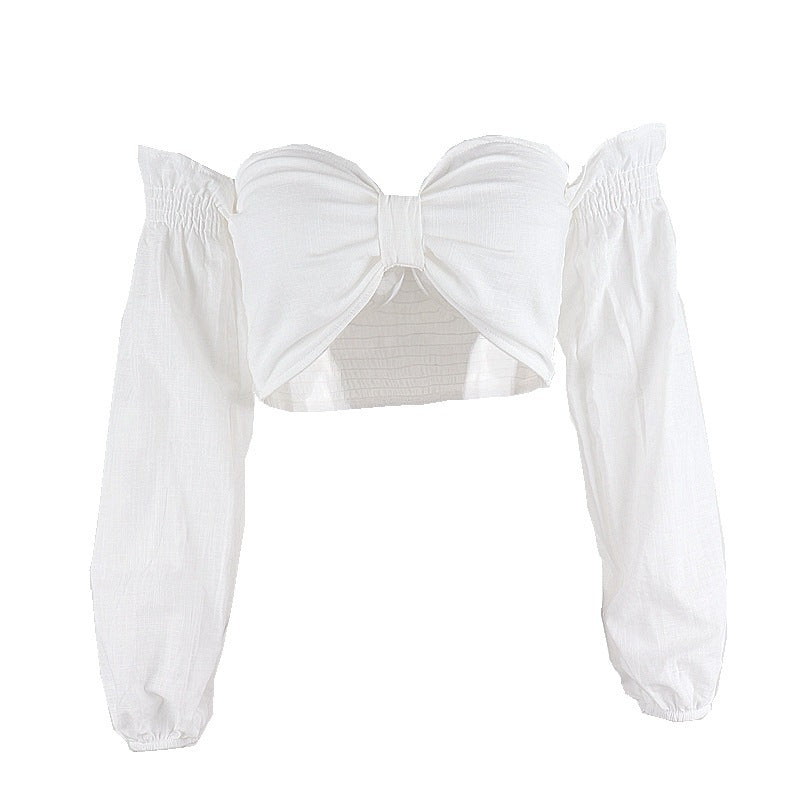 Women Cropped Bow Short Top With Long Sleeves
