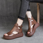 Summer New Retro First Layer Cowhide Back Empty Peep Toe Sandals For Women