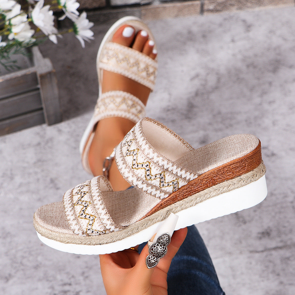Woven Wave Patterned Sandals for Women | Ethnic style linen background | Begogi Shop |