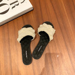 Small Fragrant Leather One-word Pearl Slippers Women Sandals For Outer Wear