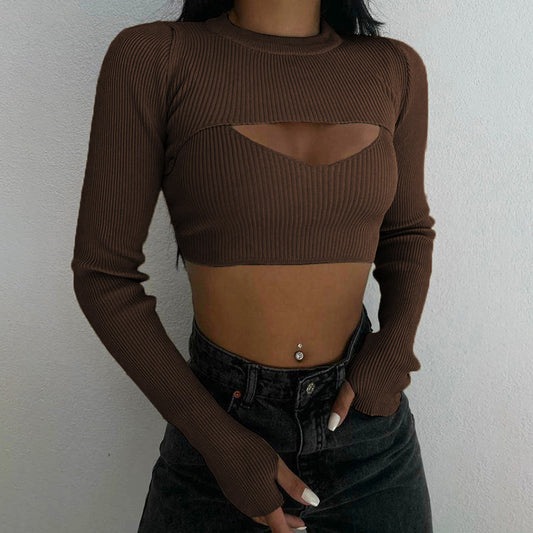 Brown Knitted Thread Slimming Two-piece Top For Women