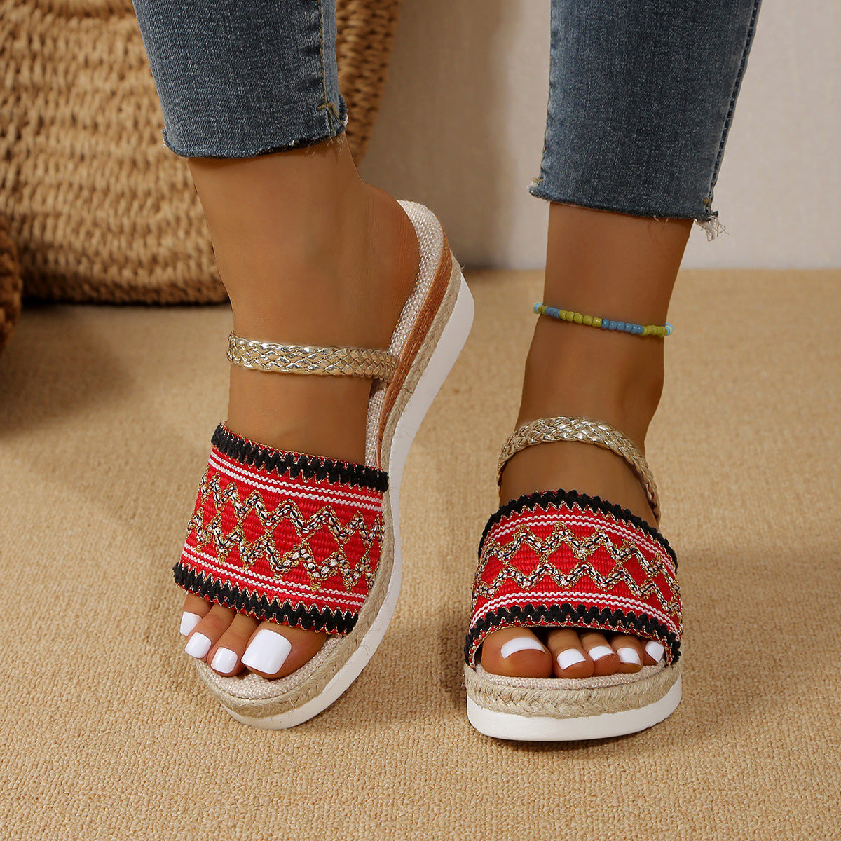 New Color Blocked Wavy Pattern Sandals | summer wedge slippers | Begogi Shop |