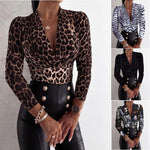 Long Sleeve V-Neck Leopard Print Blouse