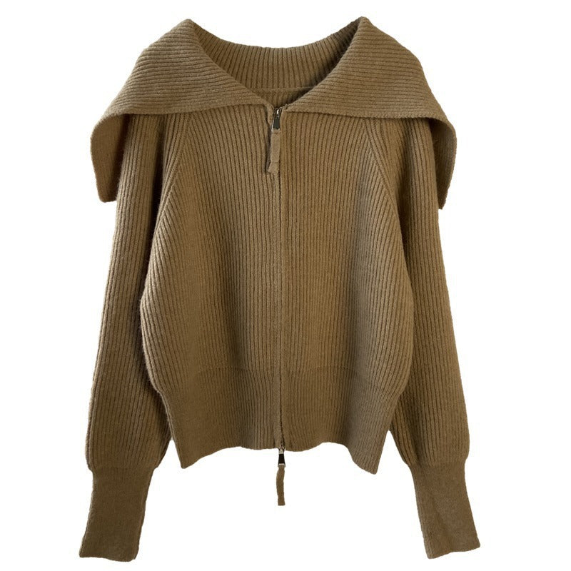 The New Lapel Short Dongdaemun Solid Color Zipper Knitted Cardigan Long-sleeved Blouse Jacket Women