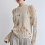 Women's Hollow-out Long-sleeved Knitted Blouse Ripped Sweater