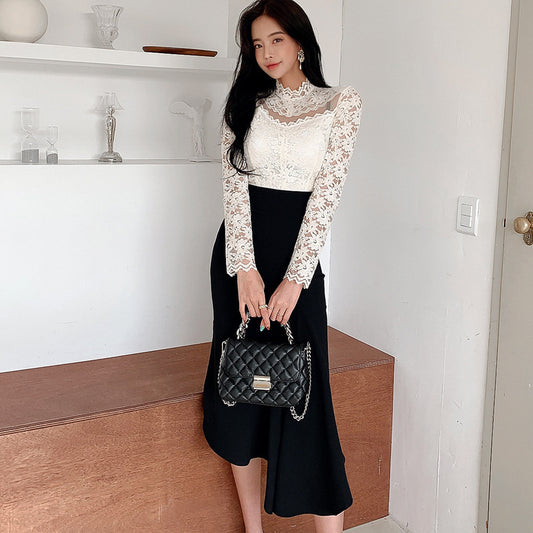 Slim Stitching Lace Blouse With Waist And Hip Skirt Suit