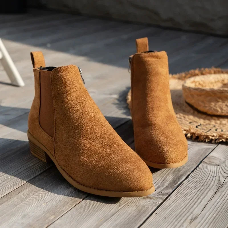 side zipper boots for women | pointed toe solid short barrel heel |BEGOGI SHOP | dark brown