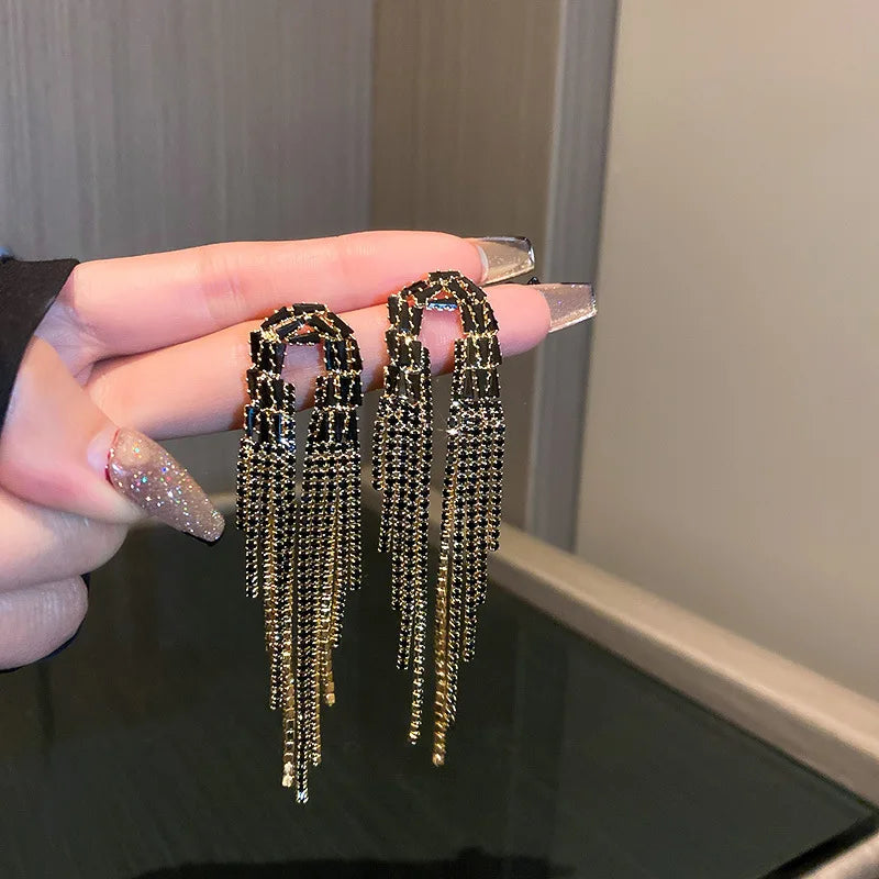 Exaggerated Rhinestone Tassel Earrings for Women | BEGOGI shop | EE black color