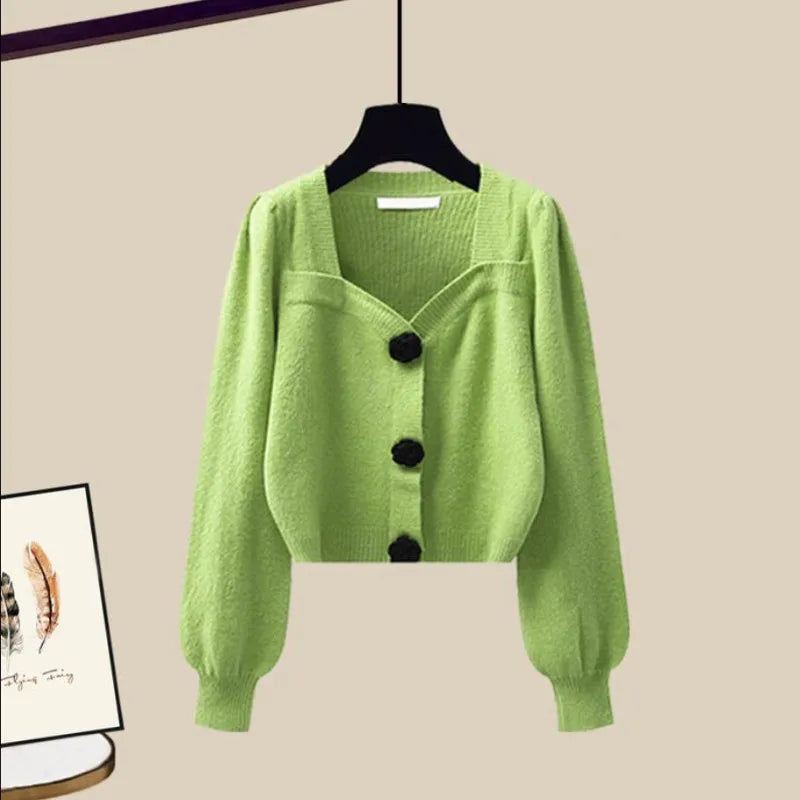 Women's fashion set | knitted sweater | skirt with straps | BEGOGI SHOP | Green Top