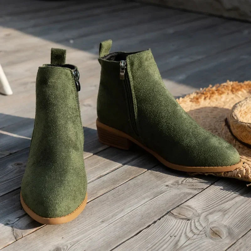side zipper boots for women | pointed toe solid short barrel heel |BEGOGI SHOP | army green