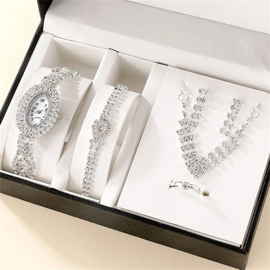 6pcs Luxury Watch Set Women Ring Necklace Earring Rhinestone Fashion Wristwatch | BEGOGI shop | Silver