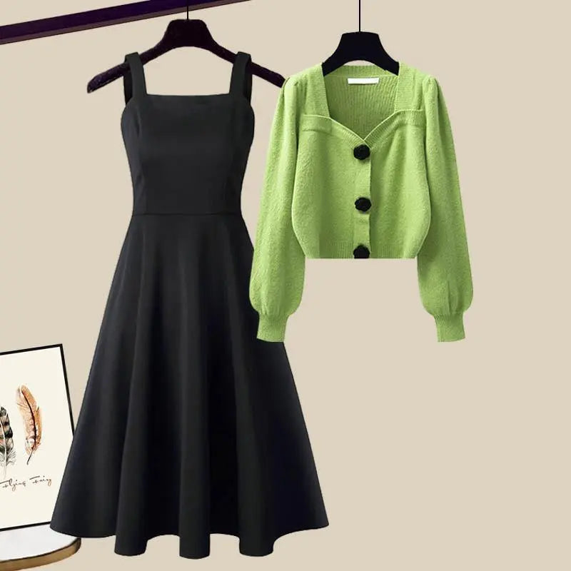 Women's fashion set | knitted sweater | skirt with straps | BEGOGI SHOP | Green Set