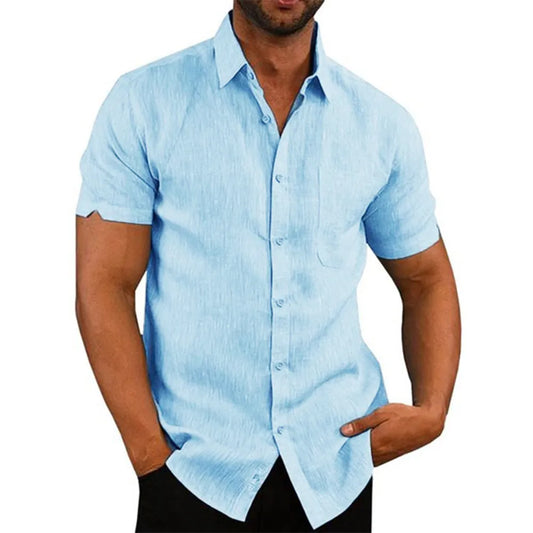 Men's Cotton Linen Short Sleeve Shirts | Casual plus size beach style |BEGOGI SHOP | Blue