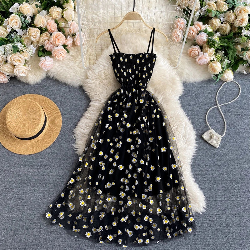 Daisy and flower printed party dress | Two layers, spaghetti straps | vacation | Beach dresses | BEGOGI SHOP | Black One Size