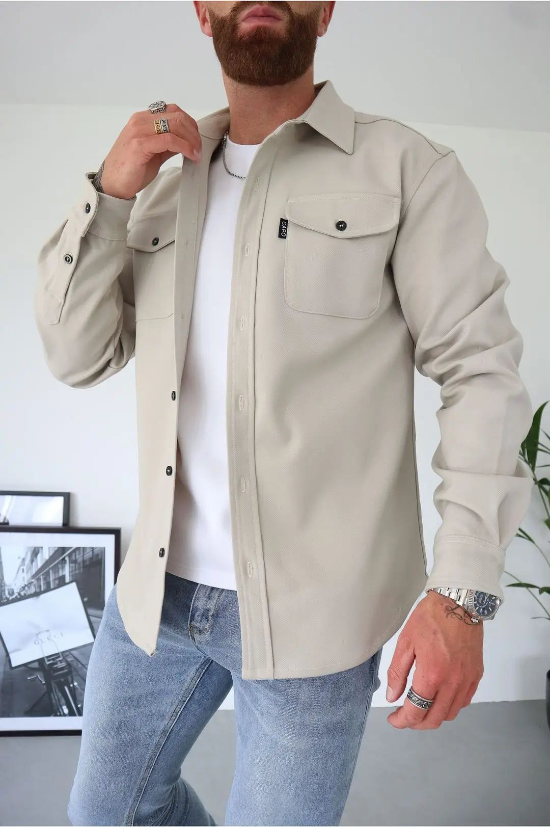 Men's jacket Cardigan with turn-down collar | BEGOGI shop | light khaki
