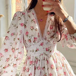 Vintage mini dress for women | long sleeve | floral print | ruffles | V-neck | high waist | BEGOGI SHOP |