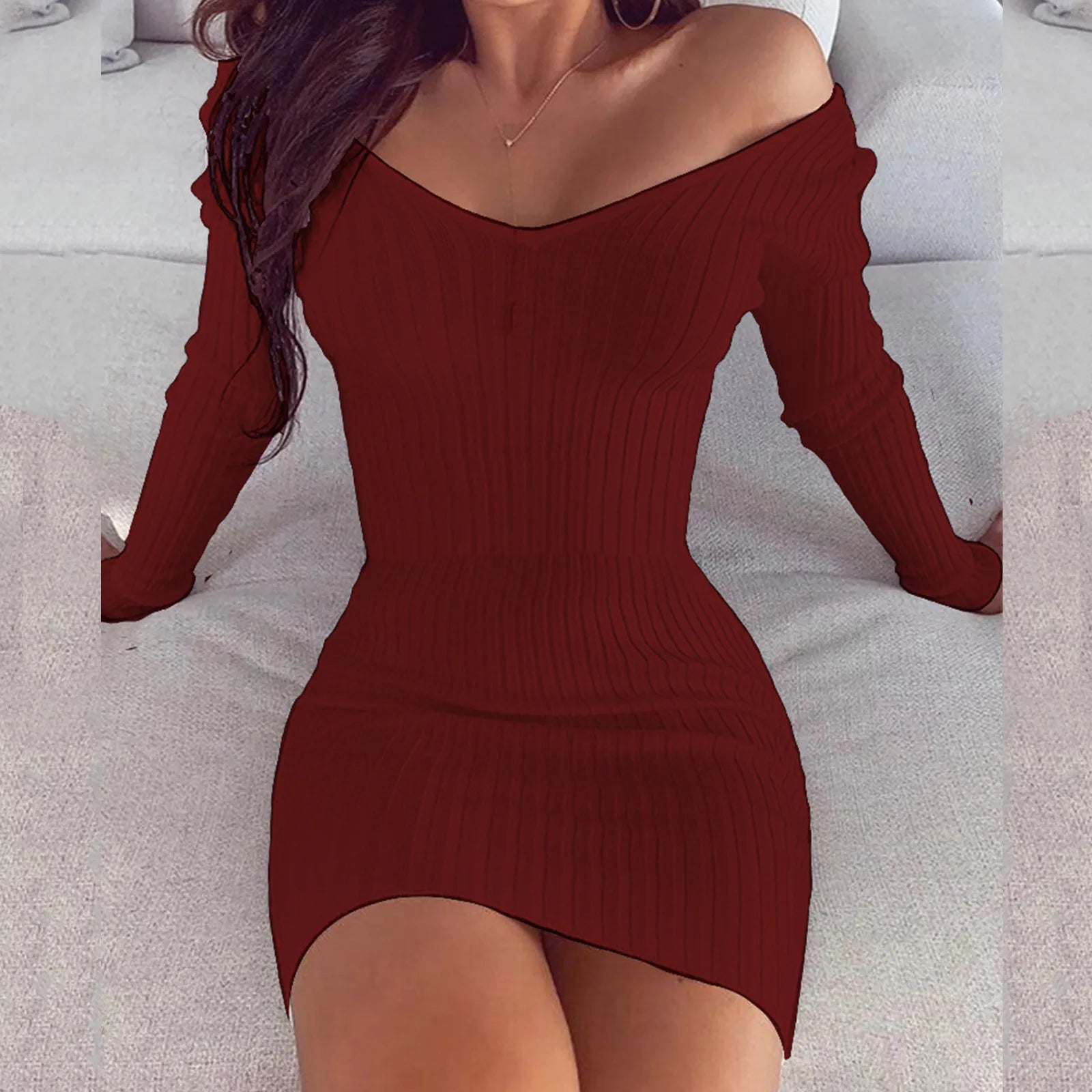 Long sleeve bodycon dress | with bare shoulders | knitted sweater | Mini dresses | BEGOGI SHOP | Red