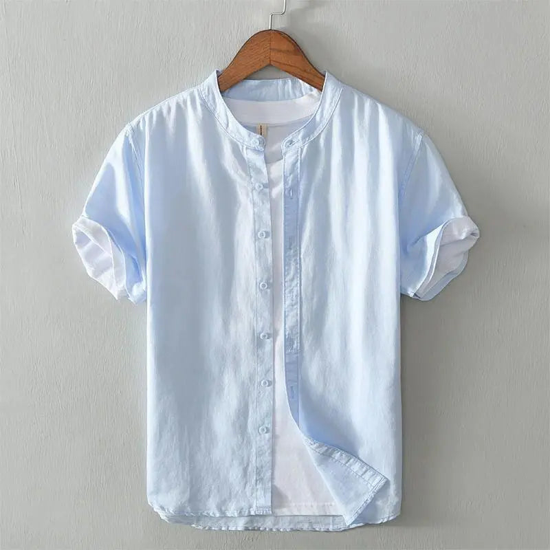 Men's Breathable Linen Sleeveless Shirt | BEGOGI shop | Stand Collar sky blue cotton linen only 5 pieces left