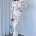 Women's Long Sleeve Transparent Maxi Dress | Sexy tight dress with Floral print | BEGOGI SHOP | WHITE