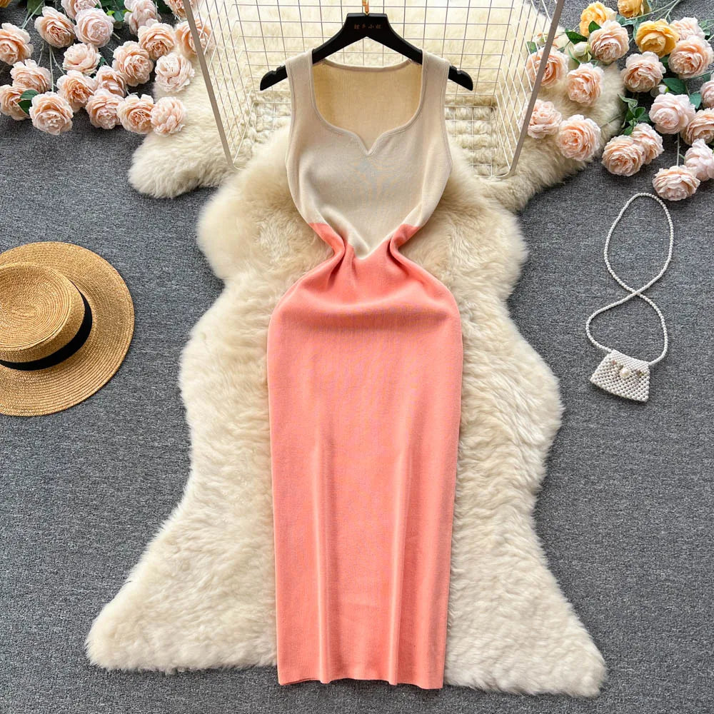 Knitted dress for women | short dress with elastic waist and open back | BEGOGI SHOP Pink One Size