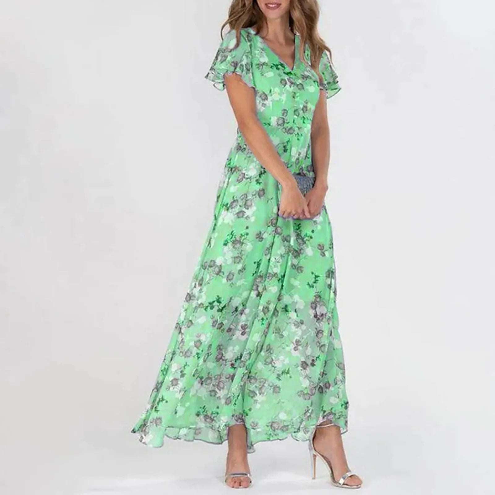 Long swing dress | Fashionable waist flowy dress |BEGOGI SHOP | Green