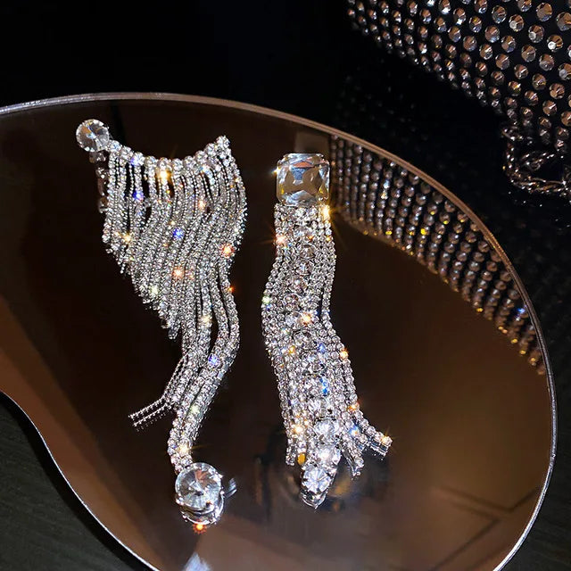 Exaggerated Rhinestone Tassel Earrings for Women | BEGOGI shop | XX silver color