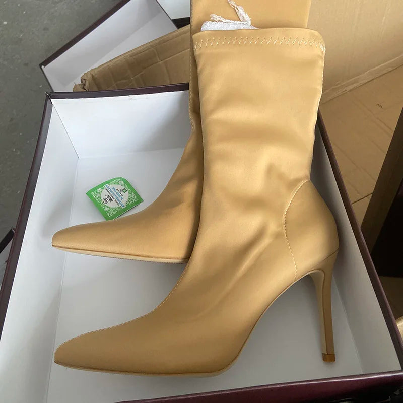 Silk high heels green boots |BEGOGI SHOP | Apricot-10cm