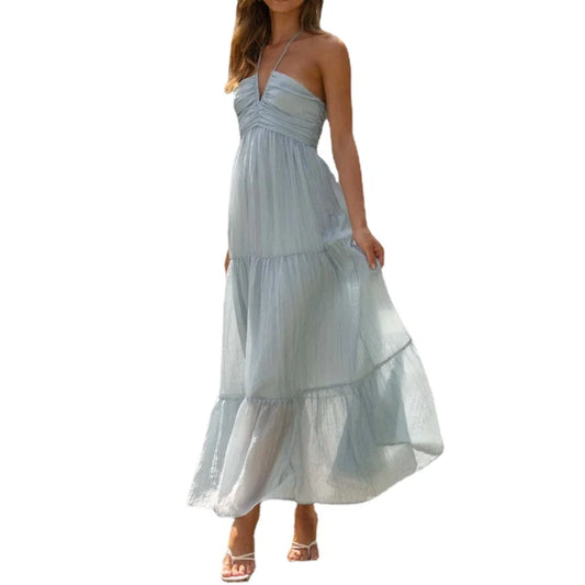 Long swing dress | Short sleeve with ruffles | Flowy dress | BEGOGI SHOP | Solid Blue