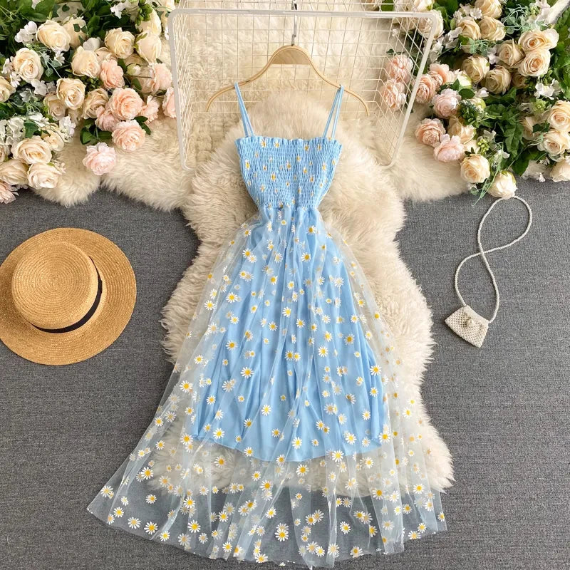Daisy and flower printed party dress | Two layers, spaghetti straps | vacation | Beach dresses | BEGOGI SHOP | Blue One Size