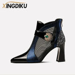 Shaped Heels | Retro British Style Sandals | Women's Leather Boots|BEGOGI SHOP | 7cm-blue